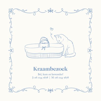 Geboortekaartje met illustratie kat en mozes mand blauw 2