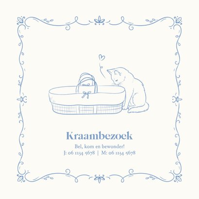 Geboortekaartje met illustratie kat en mozes mand blauw 2