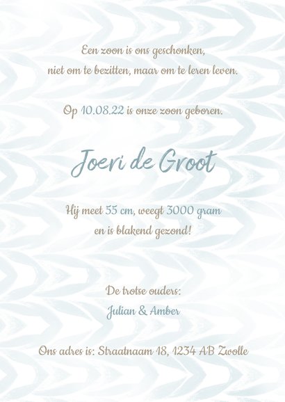 Geboortekaartje met label en waterverf jongen 3