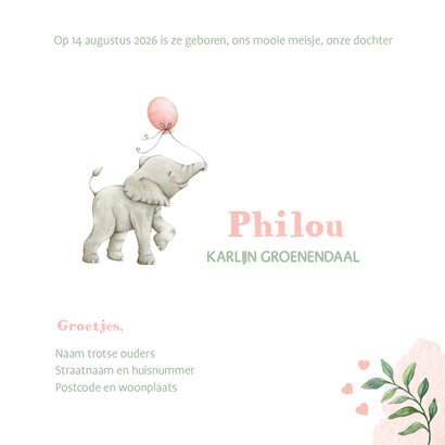 Geboortekaartje met lieve illustratie olifantje in aquarel 3