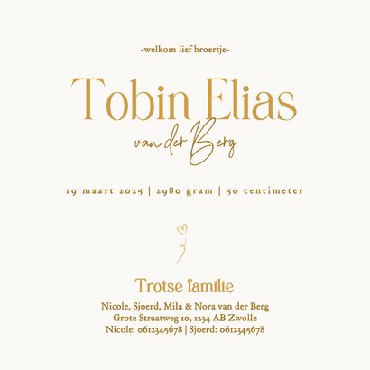 Geboortekaartje met lijntekening broertje met zussen goud 3