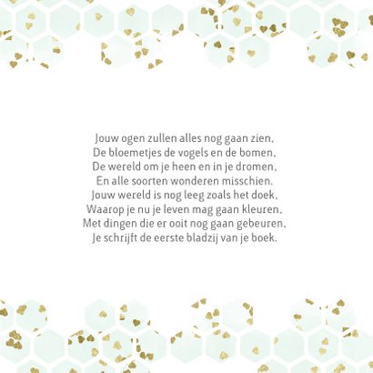 Geboortekaartje met mintgroen goud hartjes in hexagon 2