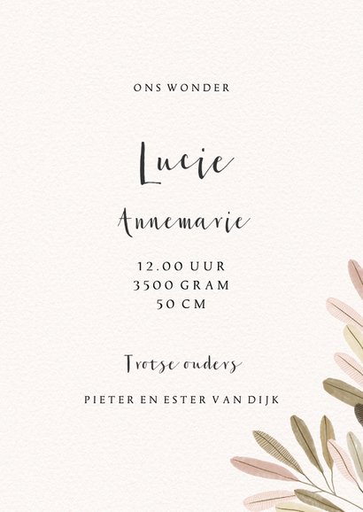 Geboortekaartje met mozesmandje en botanische bladeren 3