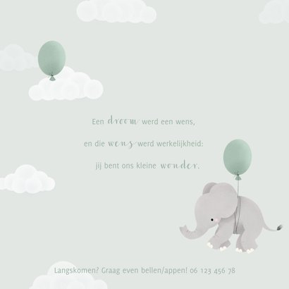 Geboortekaartje met olifantje aan ballon en wolkjes 2