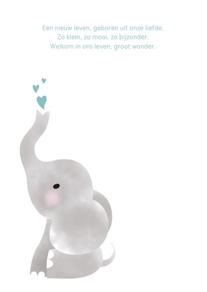 Geboortekaartje met olifantje, waterverf en hartjes 2