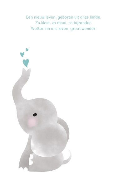 Geboortekaartje met olifantje, waterverf en hartjes 2