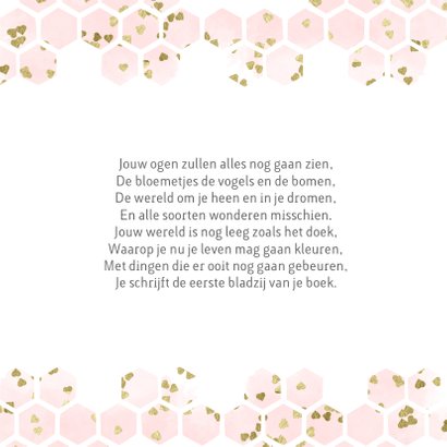 Geboortekaartje met roze goud hartjes in hexagon 2