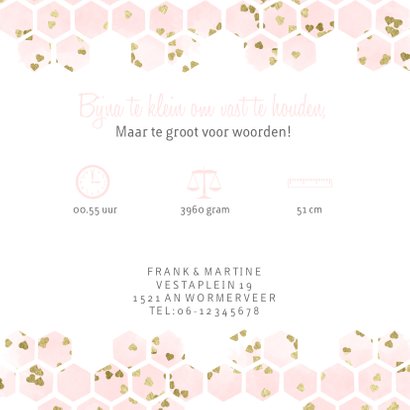 Geboortekaartje met roze goud hartjes in hexagon 3