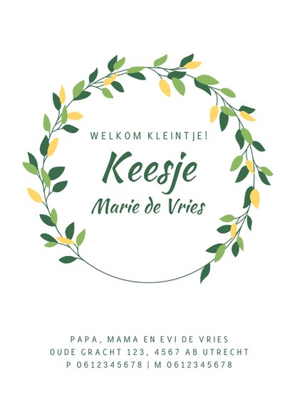 Geboortekaartje met sierlijke bladerenkrans en vosje 3