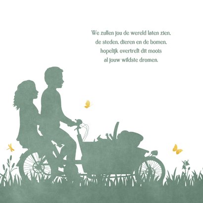 Geboortekaartje met silhouet van bakfiets met zoontje 2