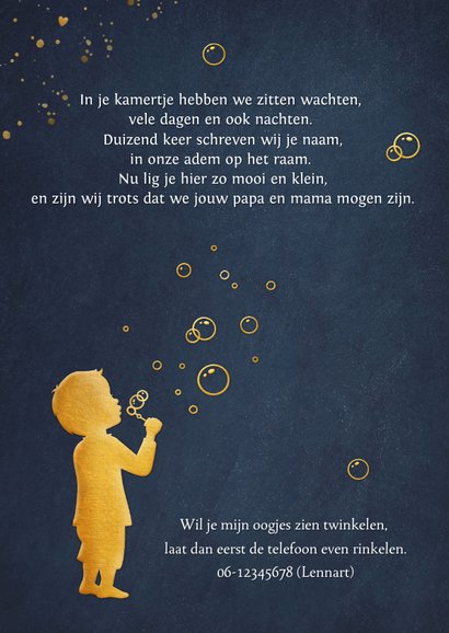 Geboortekaartje met silhouet van een jongen die bellenblaast 2