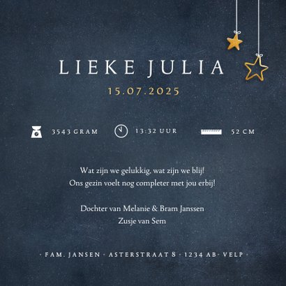 Geboortekaartje met silhouet van een meisje op gouden maan 3