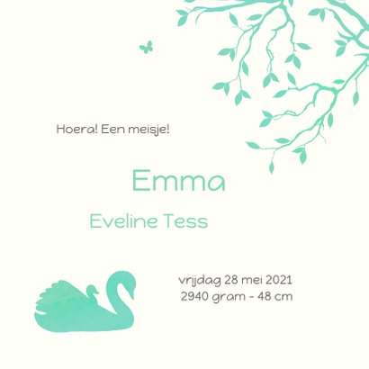 Geboortekaartje met silhouet van een zwaan met jong 3
