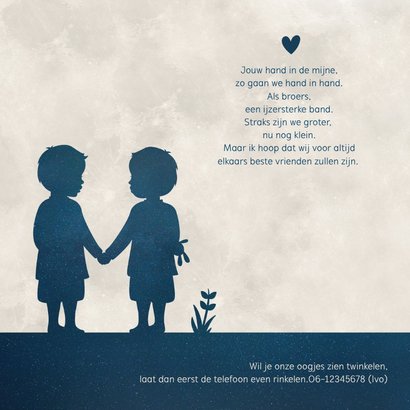 Geboortekaartje met silhouet van jongens tweeling in maan 2