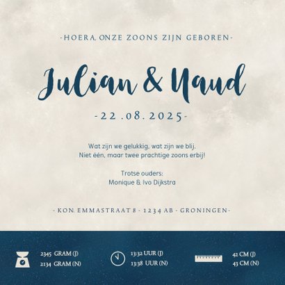 Geboortekaartje met silhouet van jongens tweeling in maan 3