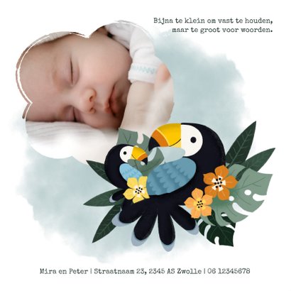 Geboortekaartje met toekans, plantjes, bloemen en waterverf 2