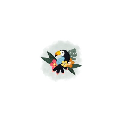 Geboortekaartje met toekans, plantjes, bloemen en waterverf Achterkant