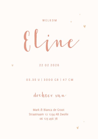 Geboortekaartje met tulpen en koperen hartjes 3