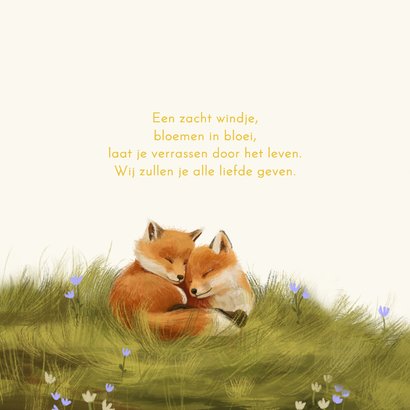 Geboortekaartje met vosjes in het bos liggend in het gras 2