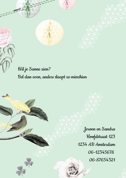 Geboortekaartje met vrolijke vogeltjes, bloemen en pompoms 2