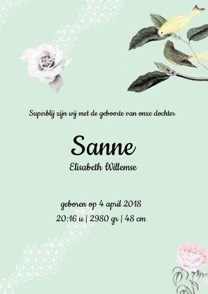 Geboortekaartje met vrolijke vogeltjes, bloemen en pompoms 3