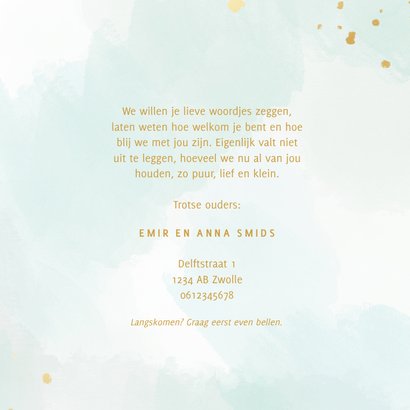 Geboortekaartje met waterverf in groen en gouden letters 3