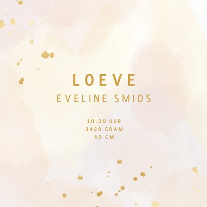 Geboortekaartje met waterverf in pastel en gouden letters 2