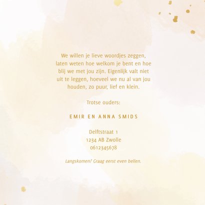 Geboortekaartje met waterverf in pastel en gouden letters 3