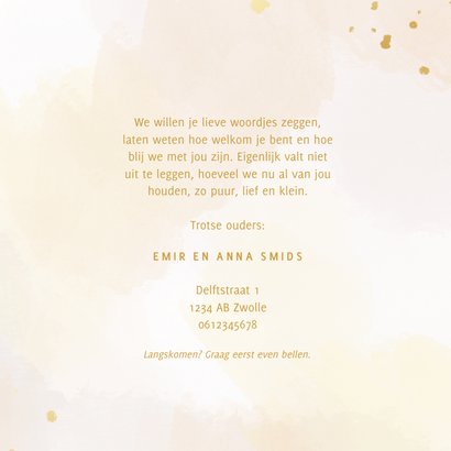 Geboortekaartje met waterverf in pastel en gouden letters 3