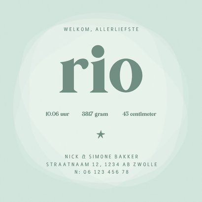 Geboortekaartje mintgroen cirkel waterverf sterretjes hartje Achterkant