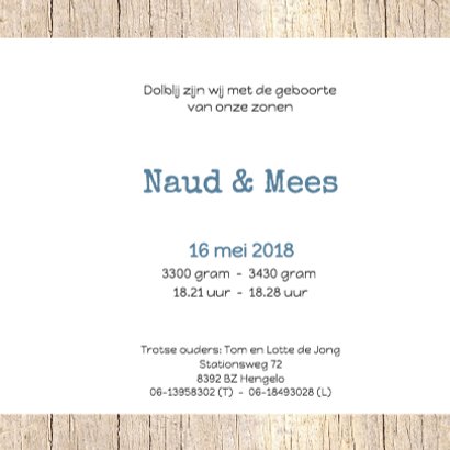 Geboortekaartje Naud en Mees 3