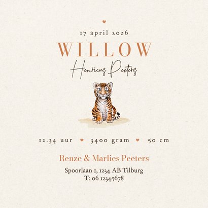 Geboortekaartje neutraal tijgers schattig hartjes koper 3
