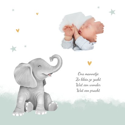 Geboortekaartje olifant jongen hartjes goud waterverf 2
