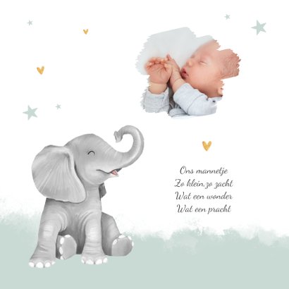 Geboortekaartje olifant jongen hartjes goud waterverf  2