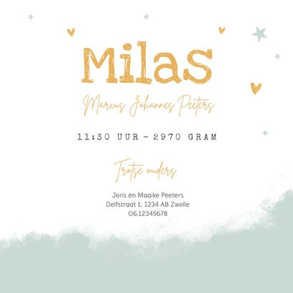 Geboortekaartje olifant jongen hartjes goud waterverf 3