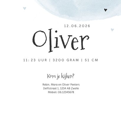 Geboortekaartje olifant jongen waterverf hartjes 3