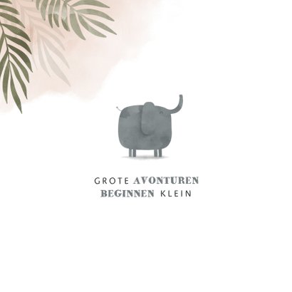 Geboortekaartje olifant jungle met roze waterverf 2