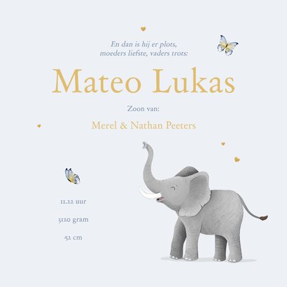 Geboortekaartje olifant vlinders hartjes goud illustratie 3
