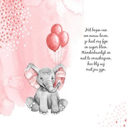 Geboortekaartje olifant waterverf hartjes roze meisje 2
