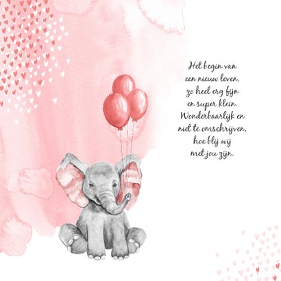 Geboortekaartje olifant waterverf hartjes roze meisje 2