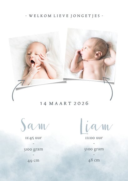 Geboortekaartje olifantje tweeling met en waterverf 3