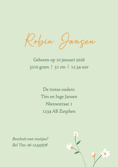 Geboortekaartje ooievaar met bloemenrand 3