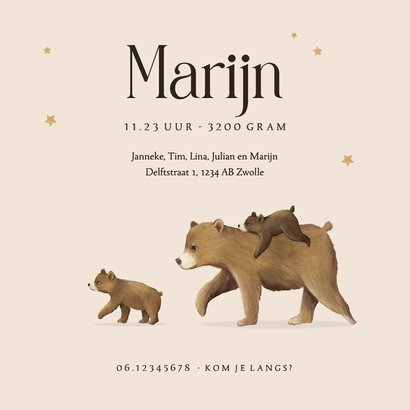 Geboortekaartje origineel beren maan sterren derde kind 3