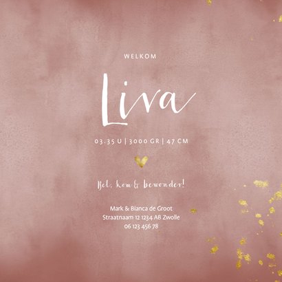 Geboortekaartje oud roze waterverf gouden spetters 3