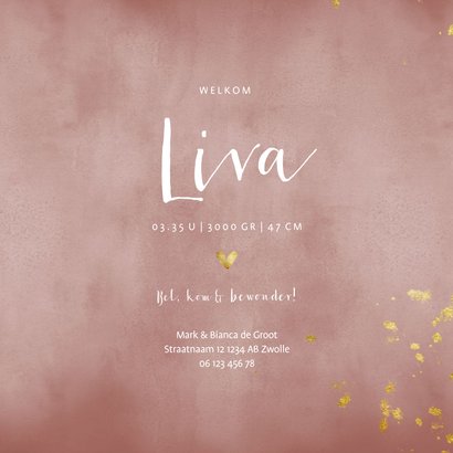 Geboortekaartje oud roze waterverf gouden spetters 3