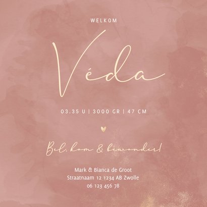 Geboortekaartje oudroze waterverf gouden poeder 3