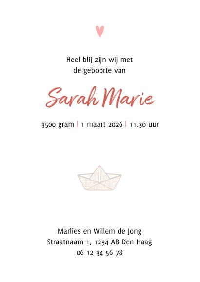 Geboortekaartje papieren bootje ballonnen roze 3