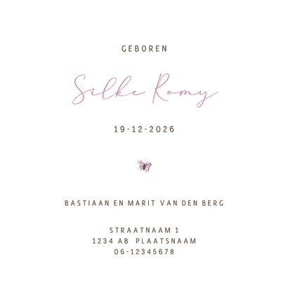 Geboortekaartje pentekening baby roze vlinder 3