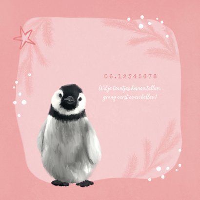 Geboortekaartje pinguin meisje sterren hartje goud 2