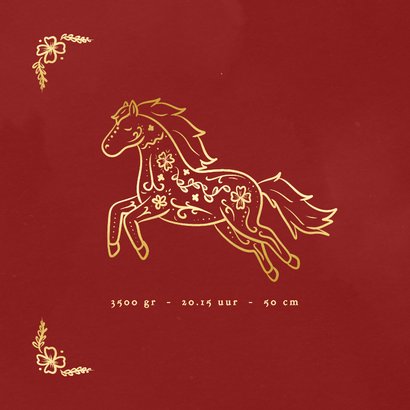 Geboortekaartje rood met gouden paard Chinees sterrenbeeld 2
